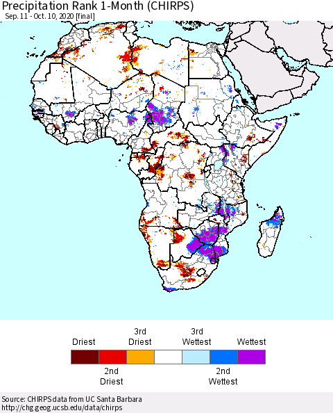 Africa Precipitation Rank 1-Month (CHIRPS) Thematic Map For 9/11/2020 - 10/10/2020