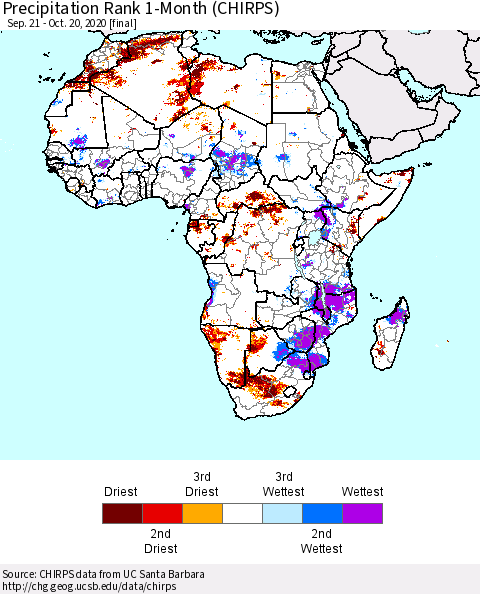 Africa Precipitation Rank since 1981, 1-Month (CHIRPS) Thematic Map For 9/21/2020 - 10/20/2020