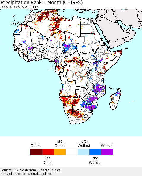 Africa Precipitation Rank 1-Month (CHIRPS) Thematic Map For 9/26/2020 - 10/25/2020