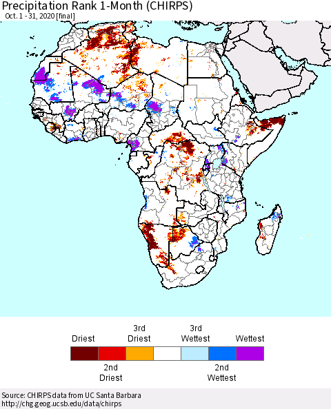Africa Precipitation Rank 1-Month (CHIRPS) Thematic Map For 10/1/2020 - 10/31/2020