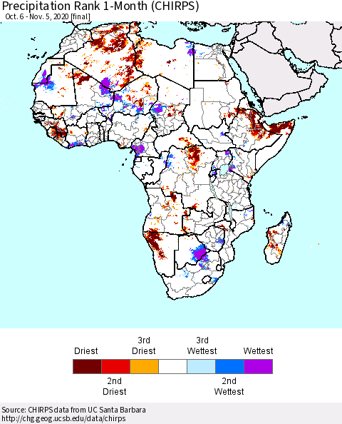 Africa Precipitation Rank since 1981, 1-Month (CHIRPS) Thematic Map For 10/6/2020 - 11/5/2020
