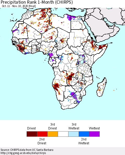 Africa Precipitation Rank 1-Month (CHIRPS) Thematic Map For 10/11/2020 - 11/10/2020