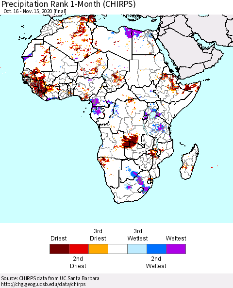 Africa Precipitation Rank 1-Month (CHIRPS) Thematic Map For 10/16/2020 - 11/15/2020
