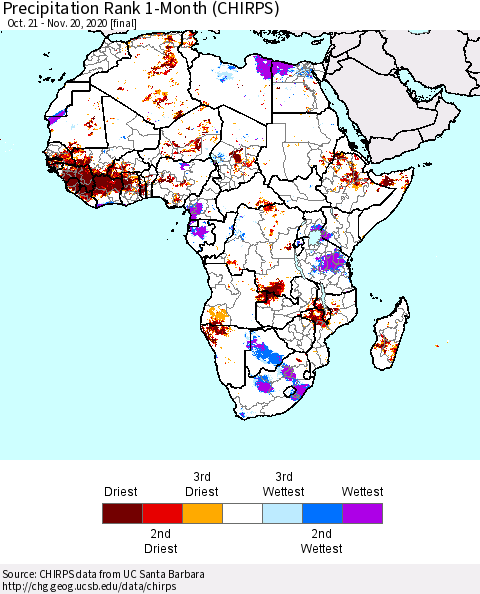 Africa Precipitation Rank since 1981, 1-Month (CHIRPS) Thematic Map For 10/21/2020 - 11/20/2020