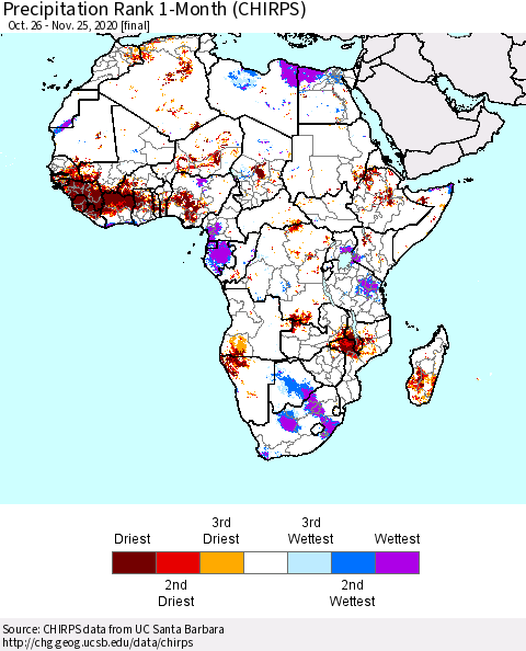 Africa Precipitation Rank since 1981, 1-Month (CHIRPS) Thematic Map For 10/26/2020 - 11/25/2020