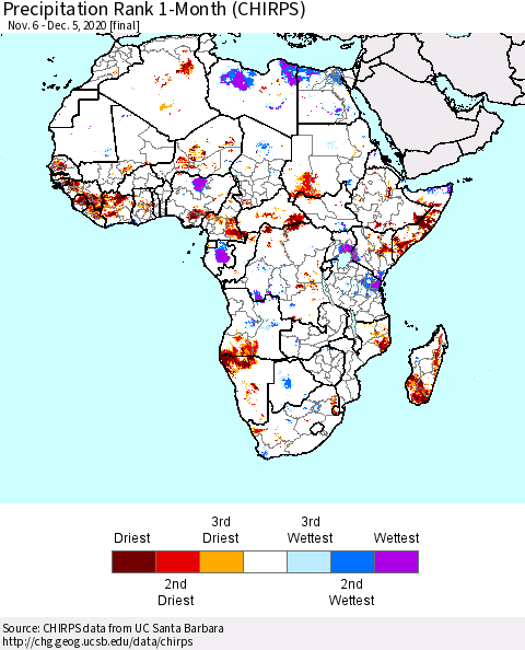 Africa Precipitation Rank 1-Month (CHIRPS) Thematic Map For 11/6/2020 - 12/5/2020