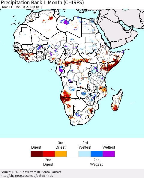 Africa Precipitation Rank 1-Month (CHIRPS) Thematic Map For 11/11/2020 - 12/10/2020