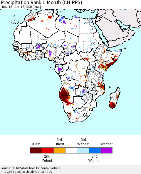 Africa Precipitation Rank 1-Month (CHIRPS) Thematic Map For 11/16/2020 - 12/15/2020