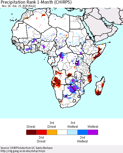 Africa Precipitation Rank 1-Month (CHIRPS) Thematic Map For 11/26/2020 - 12/25/2020