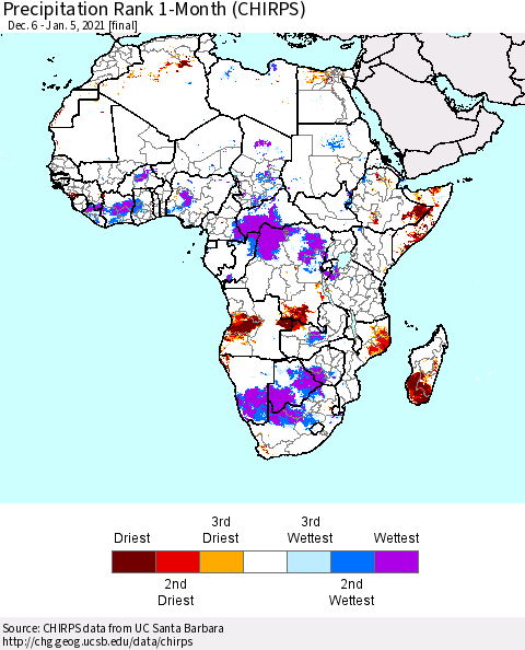 Africa Precipitation Rank since 1981, 1-Month (CHIRPS) Thematic Map For 12/6/2020 - 1/5/2021
