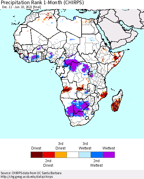 Africa Precipitation Rank 1-Month (CHIRPS) Thematic Map For 12/11/2020 - 1/10/2021