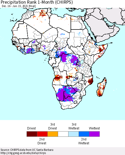 Africa Precipitation Rank since 1981, 1-Month (CHIRPS) Thematic Map For 12/16/2020 - 1/15/2021