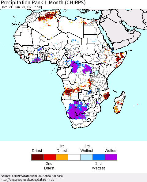 Africa Precipitation Rank 1-Month (CHIRPS) Thematic Map For 12/21/2020 - 1/20/2021