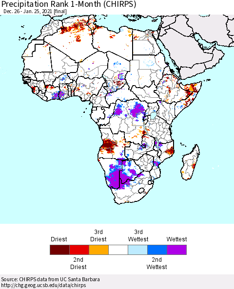 Africa Precipitation Rank since 1981, 1-Month (CHIRPS) Thematic Map For 12/26/2020 - 1/25/2021