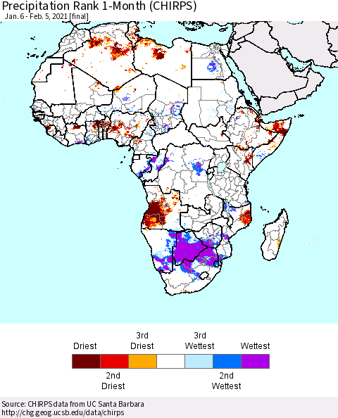 Africa Precipitation Rank 1-Month (CHIRPS) Thematic Map For 1/6/2021 - 2/5/2021