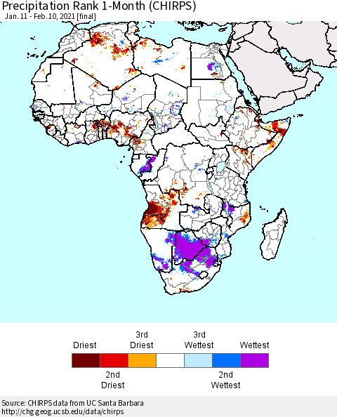 Africa Precipitation Rank 1-Month (CHIRPS) Thematic Map For 1/11/2021 - 2/10/2021