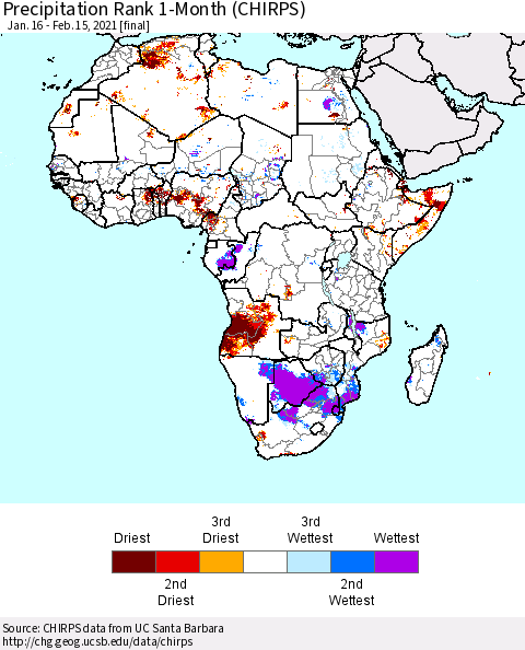 Africa Precipitation Rank 1-Month (CHIRPS) Thematic Map For 1/16/2021 - 2/15/2021