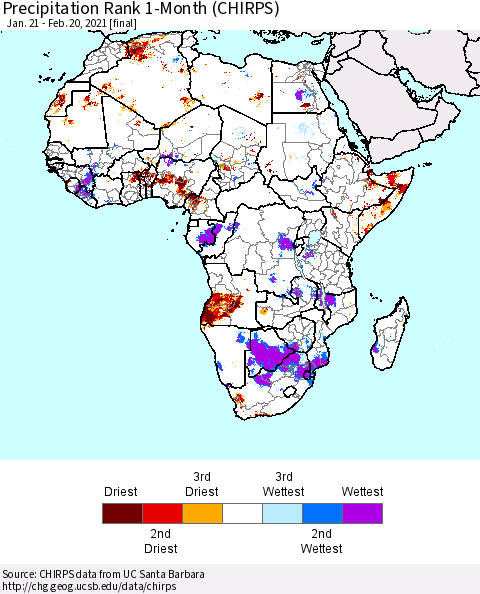 Africa Precipitation Rank 1-Month (CHIRPS) Thematic Map For 1/21/2021 - 2/20/2021