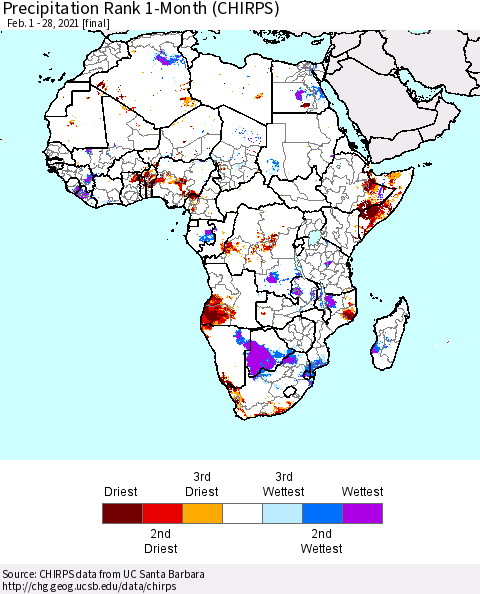 Africa Precipitation Rank since 1981, 1-Month (CHIRPS) Thematic Map For 2/1/2021 - 2/28/2021