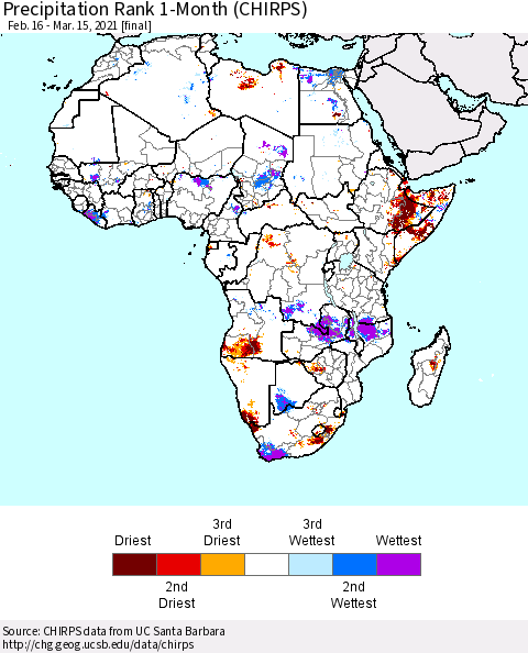 Africa Precipitation Rank 1-Month (CHIRPS) Thematic Map For 2/16/2021 - 3/15/2021