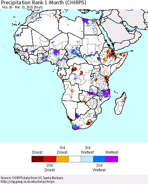 Africa Precipitation Rank since 1981, 1-Month (CHIRPS) Thematic Map For 2/26/2021 - 3/25/2021