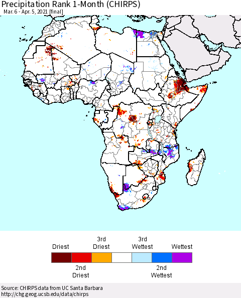 Africa Precipitation Rank 1-Month (CHIRPS) Thematic Map For 3/6/2021 - 4/5/2021