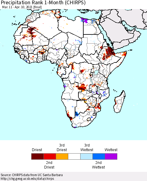 Africa Precipitation Rank since 1981, 1-Month (CHIRPS) Thematic Map For 3/11/2021 - 4/10/2021