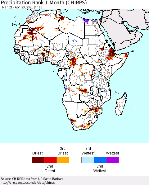 Africa Precipitation Rank 1-Month (CHIRPS) Thematic Map For 3/21/2021 - 4/20/2021