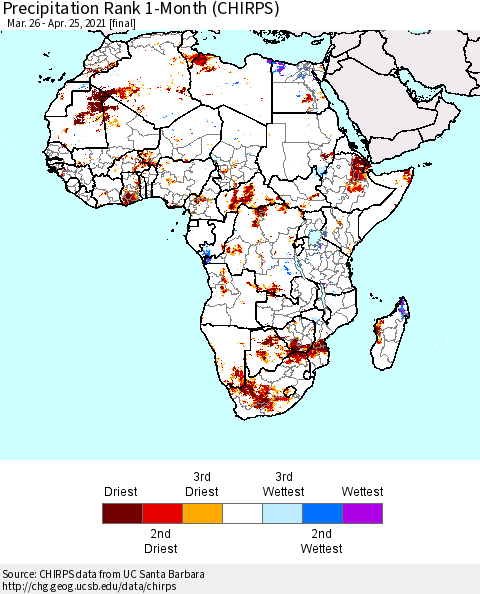 Africa Precipitation Rank since 1981, 1-Month (CHIRPS) Thematic Map For 3/26/2021 - 4/25/2021