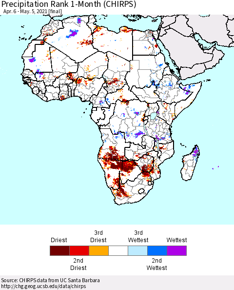 Africa Precipitation Rank 1-Month (CHIRPS) Thematic Map For 4/6/2021 - 5/5/2021