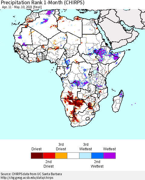 Africa Precipitation Rank 1-Month (CHIRPS) Thematic Map For 4/11/2021 - 5/10/2021