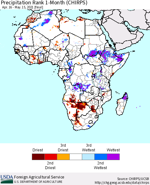 Africa Precipitation Rank 1-Month (CHIRPS) Thematic Map For 4/16/2021 - 5/15/2021