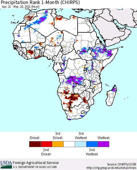 Africa Precipitation Rank 1-Month (CHIRPS) Thematic Map For 4/21/2021 - 5/20/2021