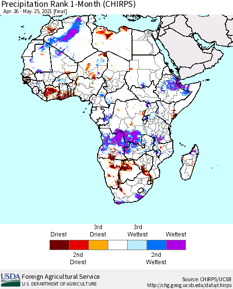 Africa Precipitation Rank 1-Month (CHIRPS) Thematic Map For 4/26/2021 - 5/25/2021