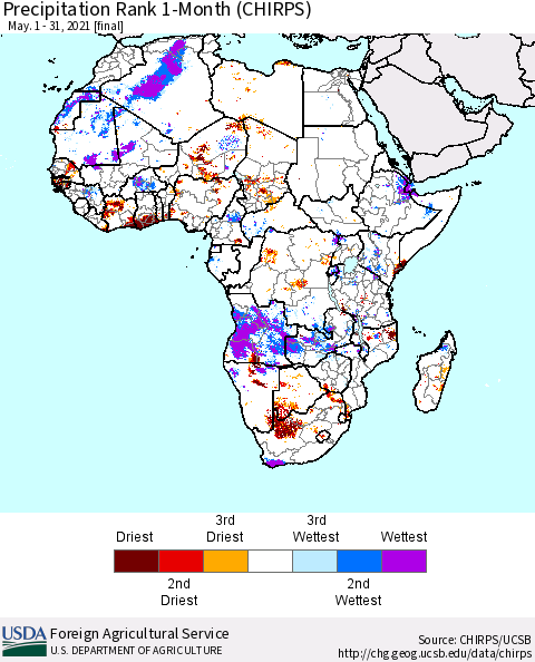Africa Precipitation Rank since 1981, 1-Month (CHIRPS) Thematic Map For 5/1/2021 - 5/31/2021