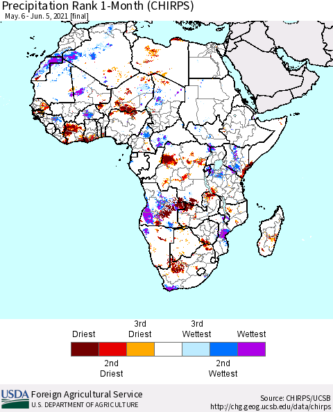 Africa Precipitation Rank 1-Month (CHIRPS) Thematic Map For 5/6/2021 - 6/5/2021