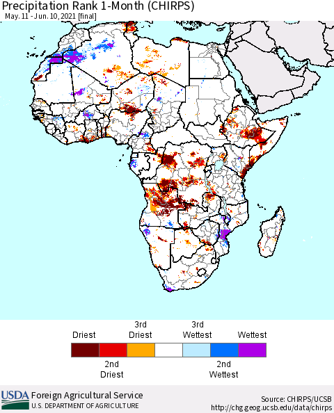 Africa Precipitation Rank since 1981, 1-Month (CHIRPS) Thematic Map For 5/11/2021 - 6/10/2021