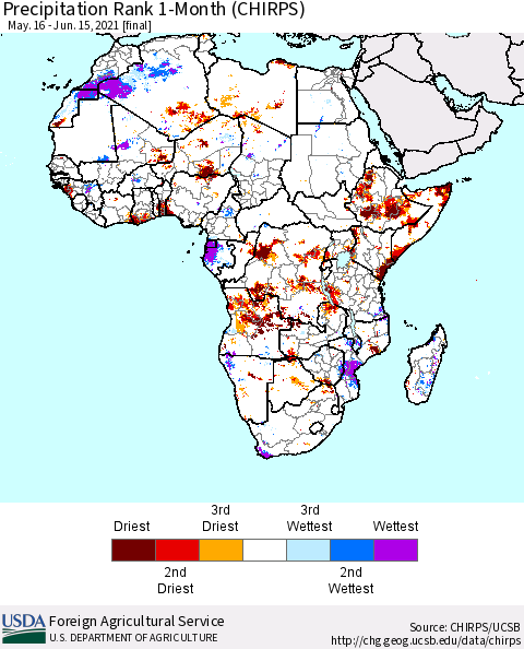 Africa Precipitation Rank since 1981, 1-Month (CHIRPS) Thematic Map For 5/16/2021 - 6/15/2021
