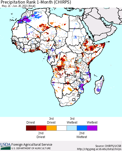 Africa Precipitation Rank 1-Month (CHIRPS) Thematic Map For 5/21/2021 - 6/20/2021