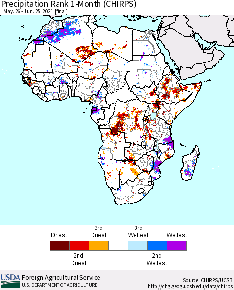 Africa Precipitation Rank 1-Month (CHIRPS) Thematic Map For 5/26/2021 - 6/25/2021