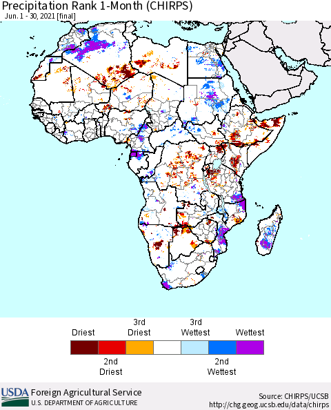 Africa Precipitation Rank 1-Month (CHIRPS) Thematic Map For 6/1/2021 - 6/30/2021