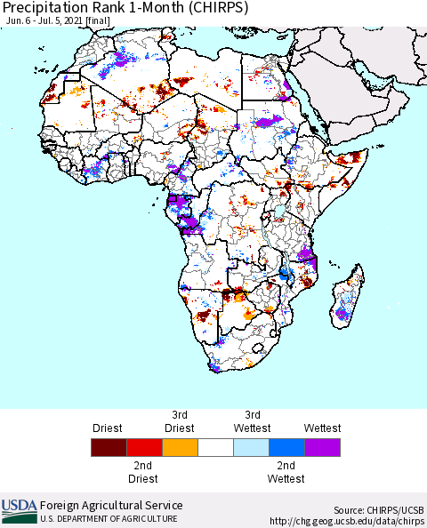 Africa Precipitation Rank 1-Month (CHIRPS) Thematic Map For 6/6/2021 - 7/5/2021