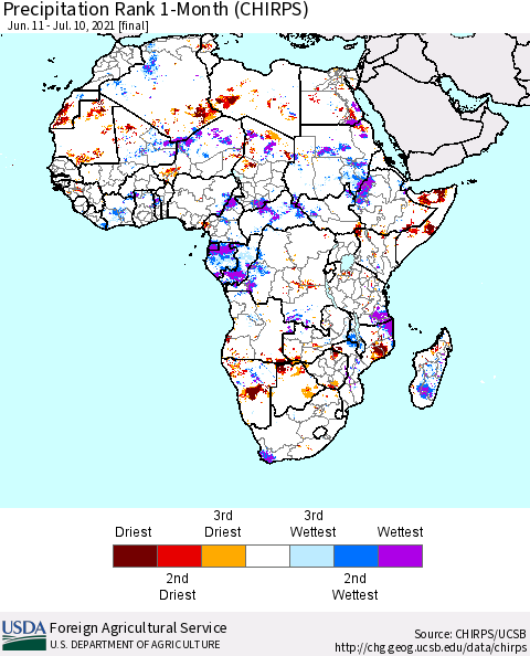 Africa Precipitation Rank 1-Month (CHIRPS) Thematic Map For 6/11/2021 - 7/10/2021
