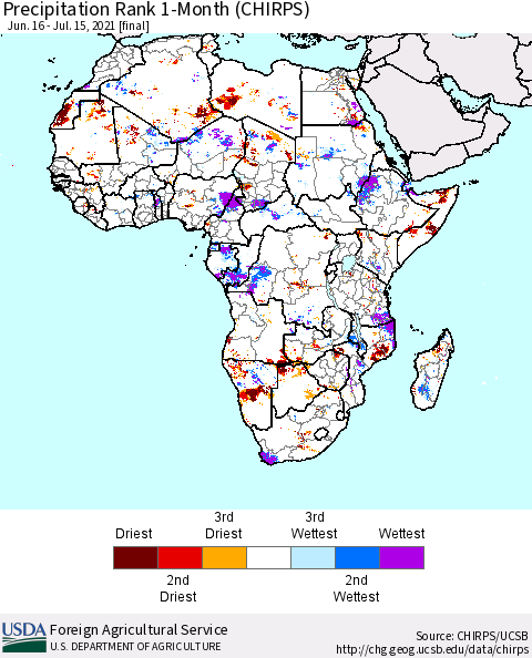 Africa Precipitation Rank 1-Month (CHIRPS) Thematic Map For 6/16/2021 - 7/15/2021