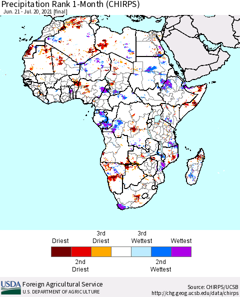 Africa Precipitation Rank 1-Month (CHIRPS) Thematic Map For 6/21/2021 - 7/20/2021