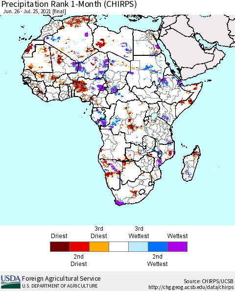Africa Precipitation Rank since 1981, 1-Month (CHIRPS) Thematic Map For 6/26/2021 - 7/25/2021