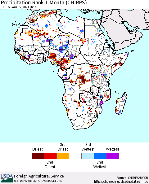 Africa Precipitation Rank since 1981, 1-Month (CHIRPS) Thematic Map For 7/6/2021 - 8/5/2021