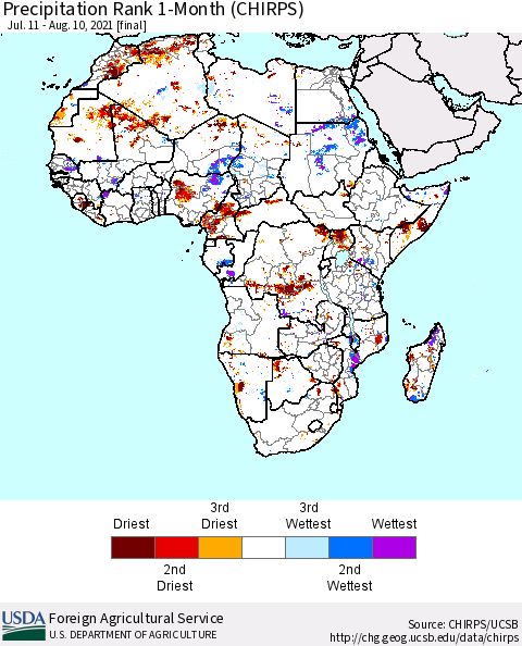 Africa Precipitation Rank since 1981, 1-Month (CHIRPS) Thematic Map For 7/11/2021 - 8/10/2021