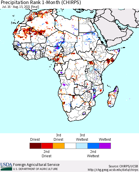 Africa Precipitation Rank 1-Month (CHIRPS) Thematic Map For 7/16/2021 - 8/15/2021