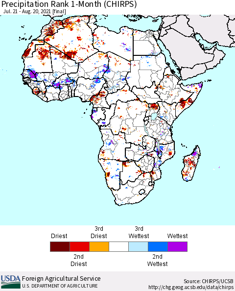 Africa Precipitation Rank 1-Month (CHIRPS) Thematic Map For 7/21/2021 - 8/20/2021